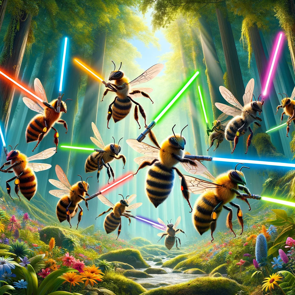 DALL·E-2024-05-03-15.42.15-An-imaginative-scene-depicting-a-group-of-bees-dressed-as-Jedi-each-wielding-a-lightsaber-of-a-different-color-flying-through-a-vibrant-forest.-Thes